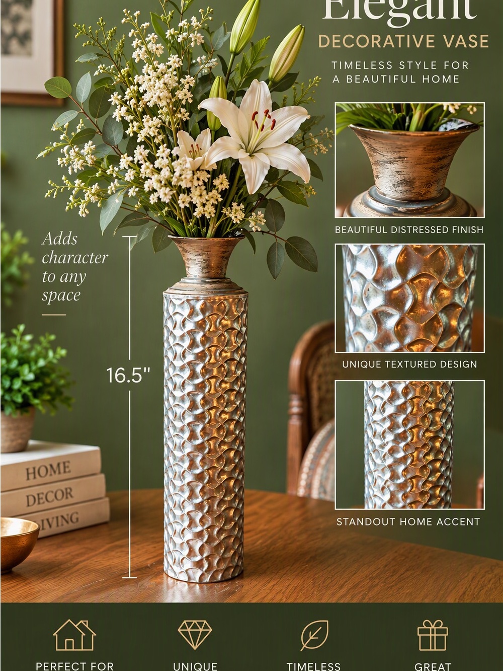 Elegant Distressed Metallic Decorative Vase - Silver and Gold Finish- 16.5”